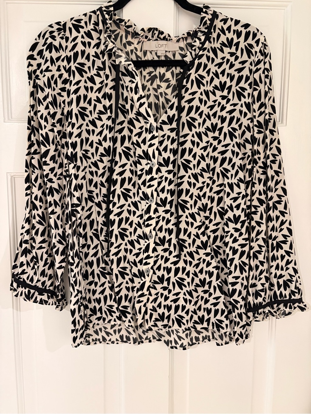 LOFT Black & White Leaf-Print Button Front Blouse